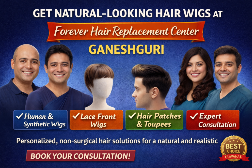 Get natural-looking hair wigs at Forever Hair Replacement Center in Ganeshguri, offering human & synthetic wigs, lace front wigs, hair patches & toupees, and expert consultations.