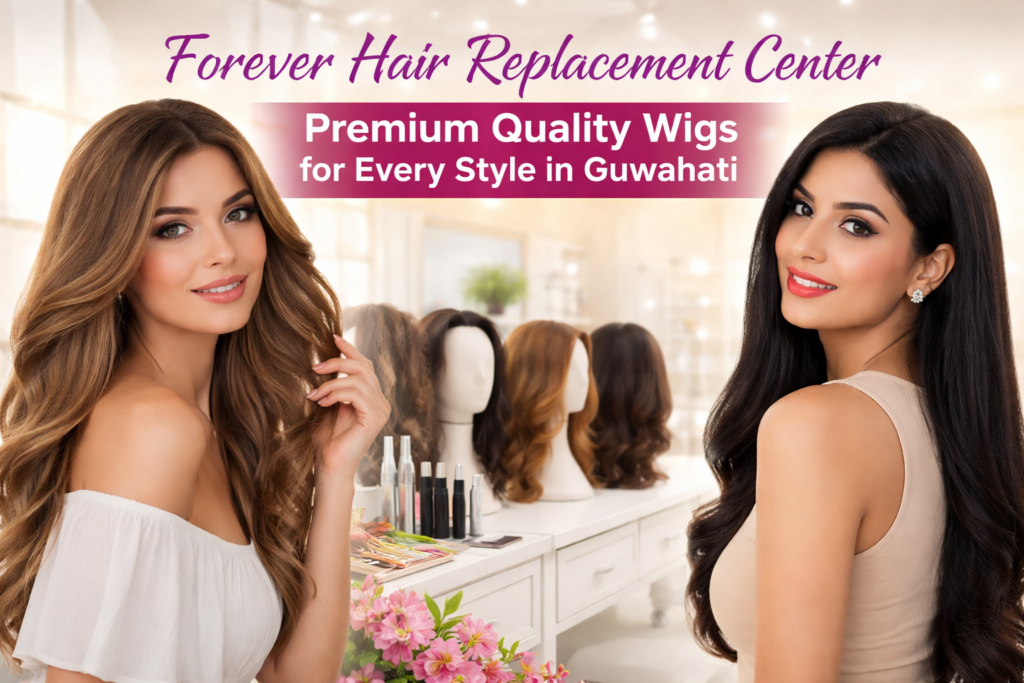 Two women showcasing premium wigs at Forever Hair Replacement Center, with elegant purple and gold cursive text reading "Forever Hair Replacement Center" and a subheading in vibrant pink, "Premium Quality Wigs for Every Style in Guwahati."