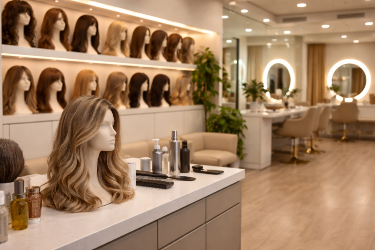 Interior view of a modern wig and hair replacement center with a mannequin showcasing a long wavy blonde wig, surrounded by hair styling tools and wig displays.