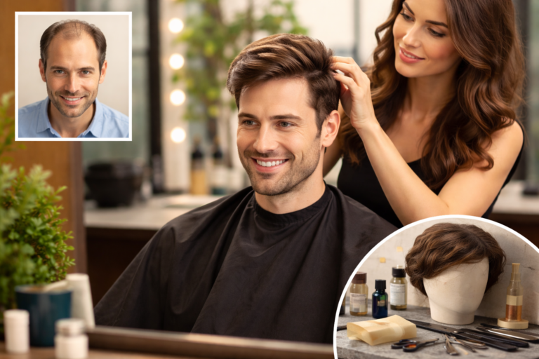 professional hair replacement session with stylist adjusting natural looking hair system for client