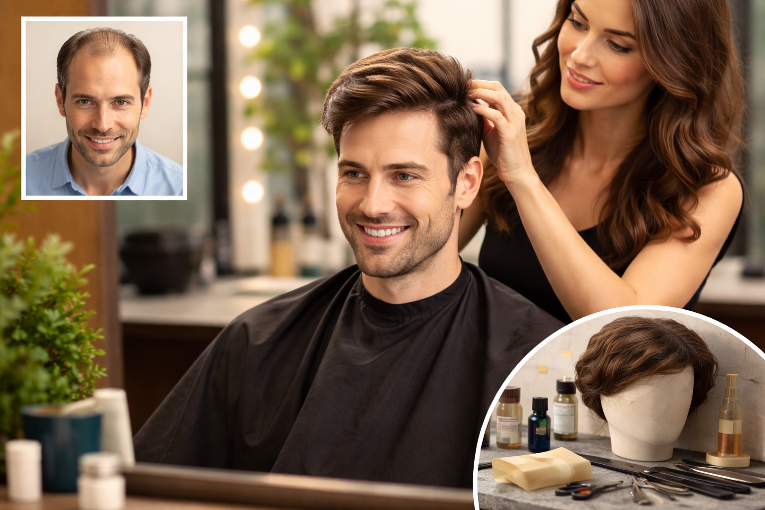 professional hair replacement session with stylist adjusting natural looking hair system for client
