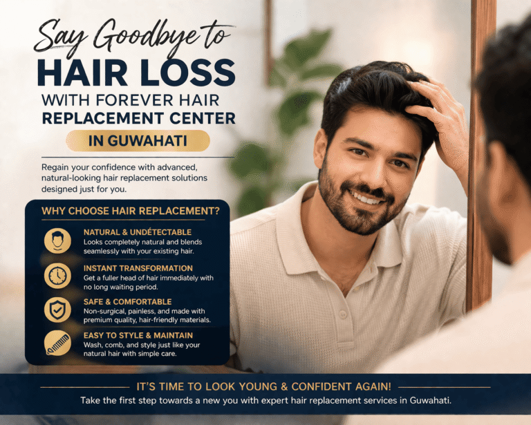 A promotional image showcasing a confident man in his 20s–30s, smiling while inspecting his thick, full hair in the mirror. The image highlights the natural, quick, and comfortable hair replacement services offered by Forever Hair Replacement Center in Guwahati.