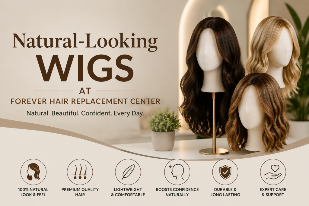 Natural-looking premium human hair wigs displayed at Forever Hair Replacement Center