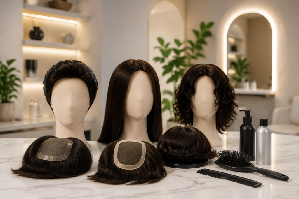 Hair wigs and hair replacement pieces displayed in a modern, well-lit salon studio with mannequin heads, styling tools, and wig products
