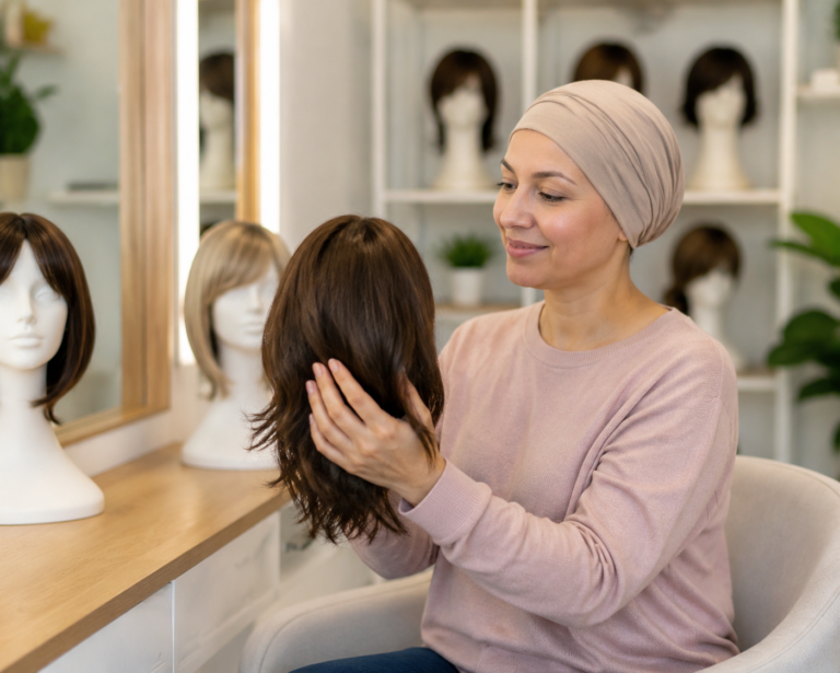Chemo patient consulting with a stylist at Forever Hair Replacement Center in Ganeshguri, examining a natural-looking wig in a bright, modern clinic