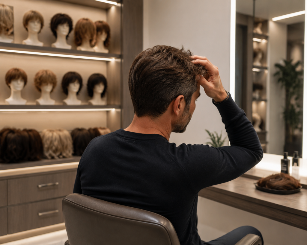 Modern hair wig salon interior showing wigs on mannequin heads and a client checking his hair in a mirror.