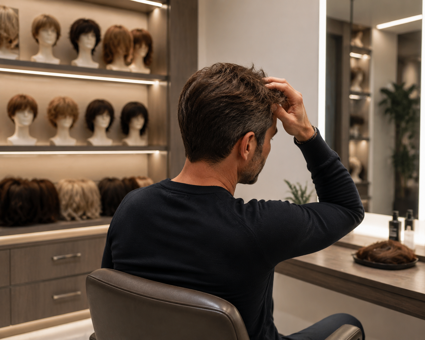 Modern hair wig salon interior showing wigs on mannequin heads and a client checking his hair in a mirror.