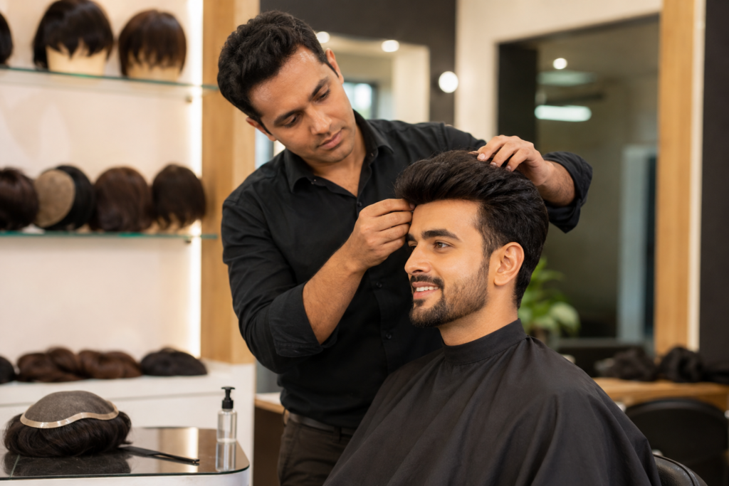 Professional stylist fixing a natural-looking hair wig for a client at a premium hair replacement center in Guwahati