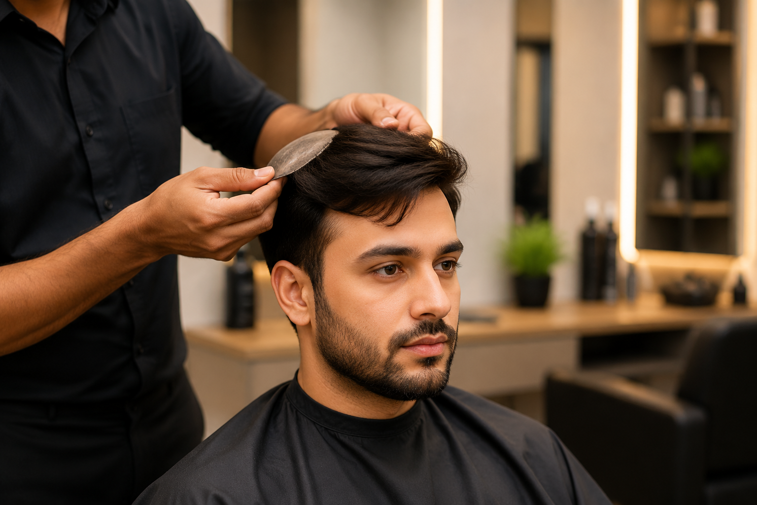 Professional hair replacement service being applied in a modern salon showing non-surgical hair fixing process for natural look
