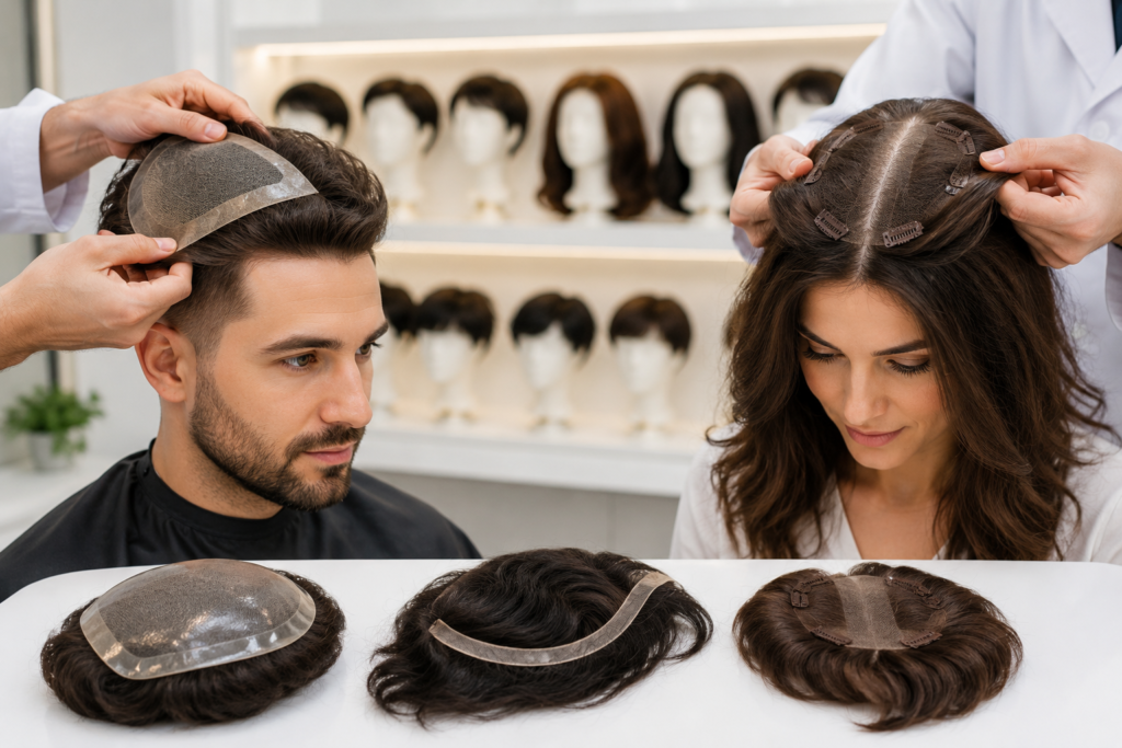 Professional hair replacement consultation showing advanced non-surgical hair systems, custom hair patches, wigs, and hair toppers for men and women.