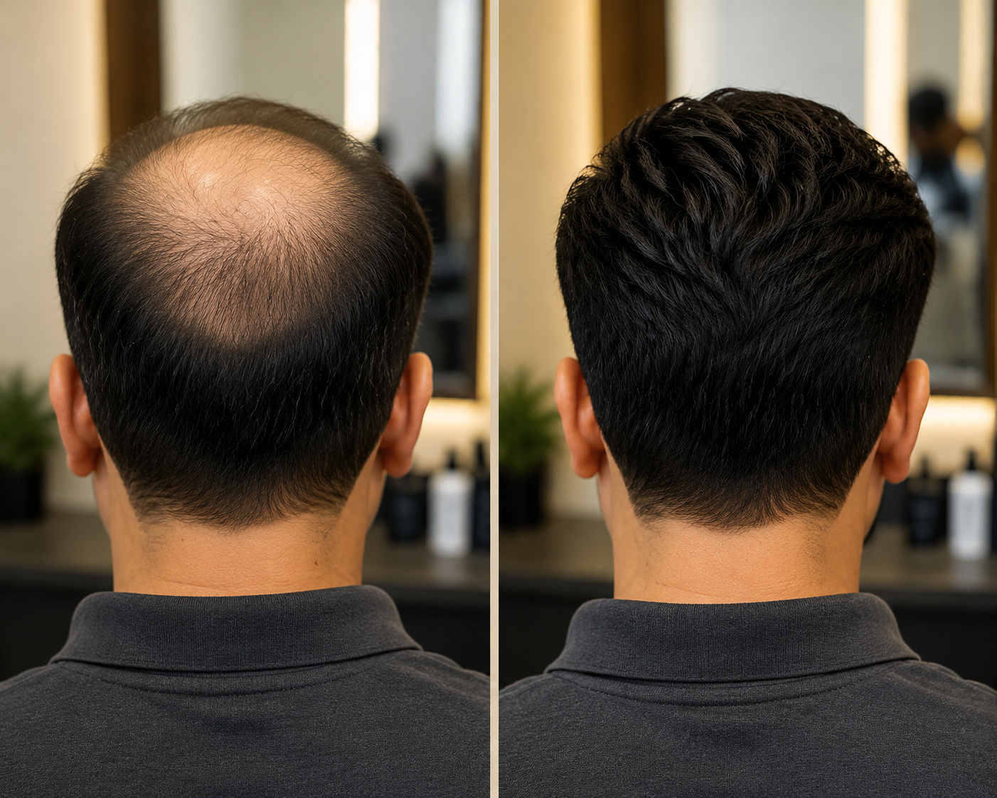 Before and after hair replacement transformation showing balding scalp changed into thick natural-looking hair system result