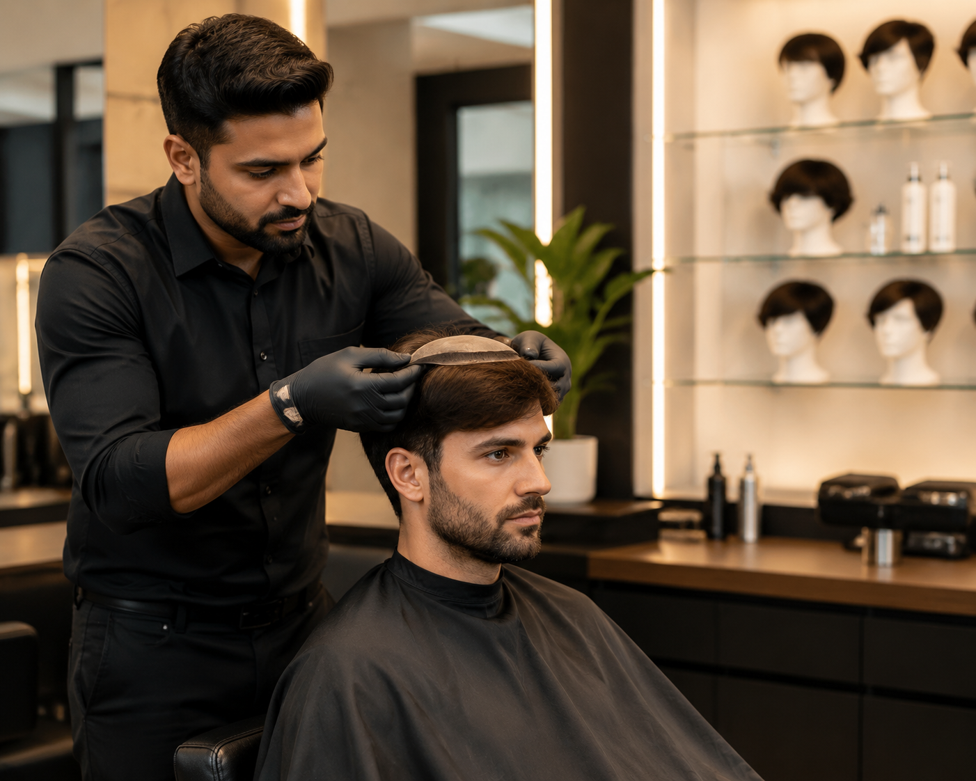 Hair replacement specialist applying natural hair wig on client in professional salon environment