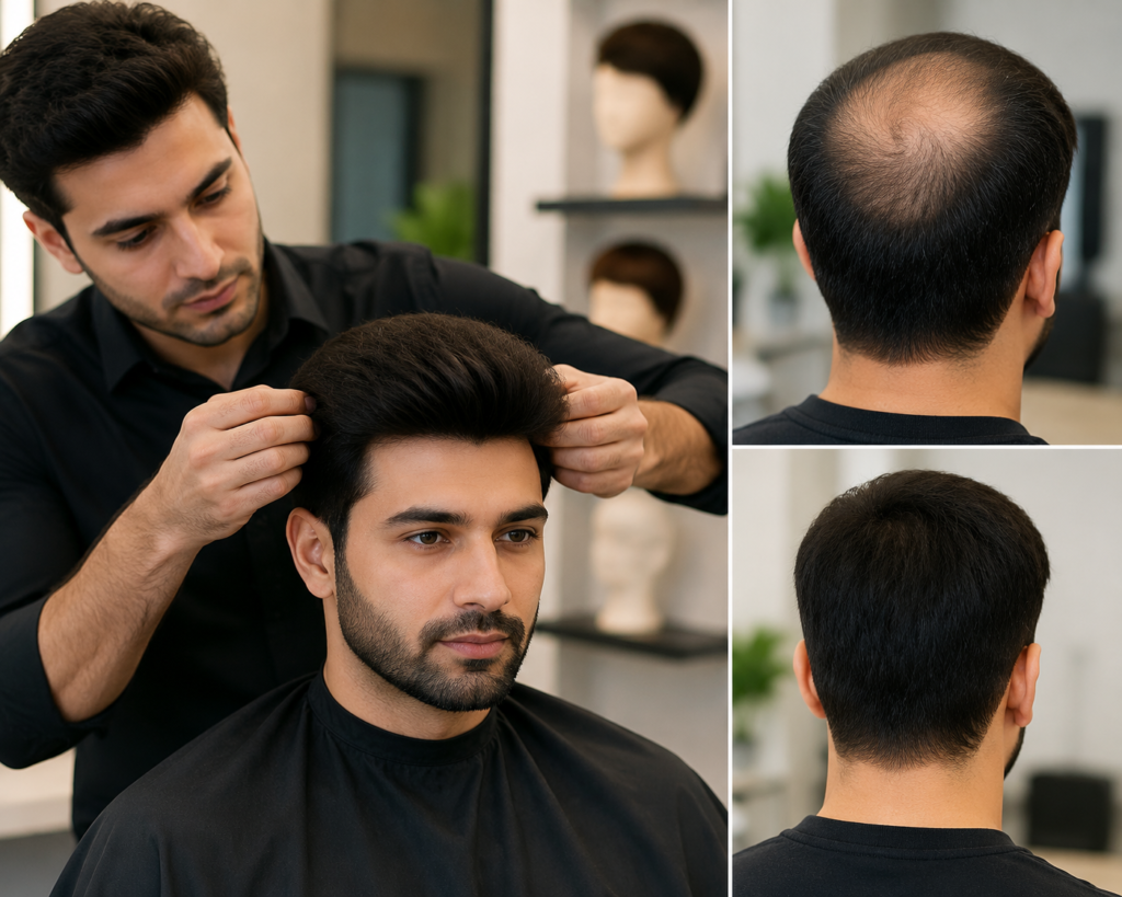 Hair transformation showing before and after results of natural looking hair replacement at a professional wig centre