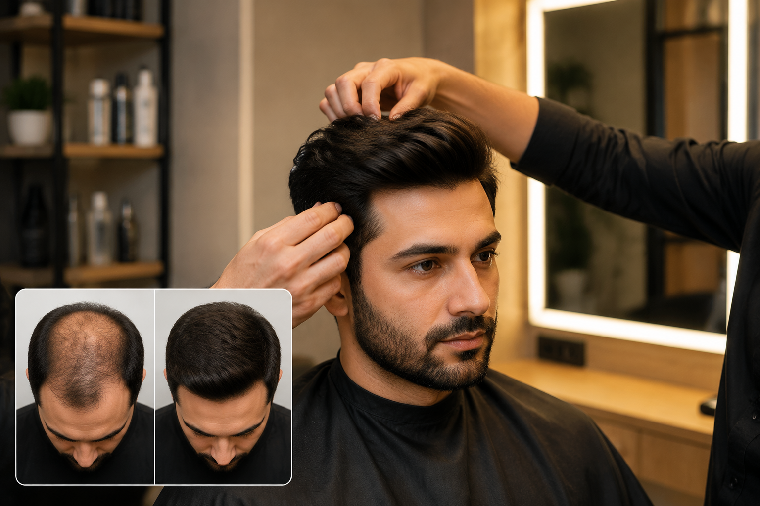 Man receiving professional non surgical hair replacement and styling service in modern salon showing hair restoration transformation