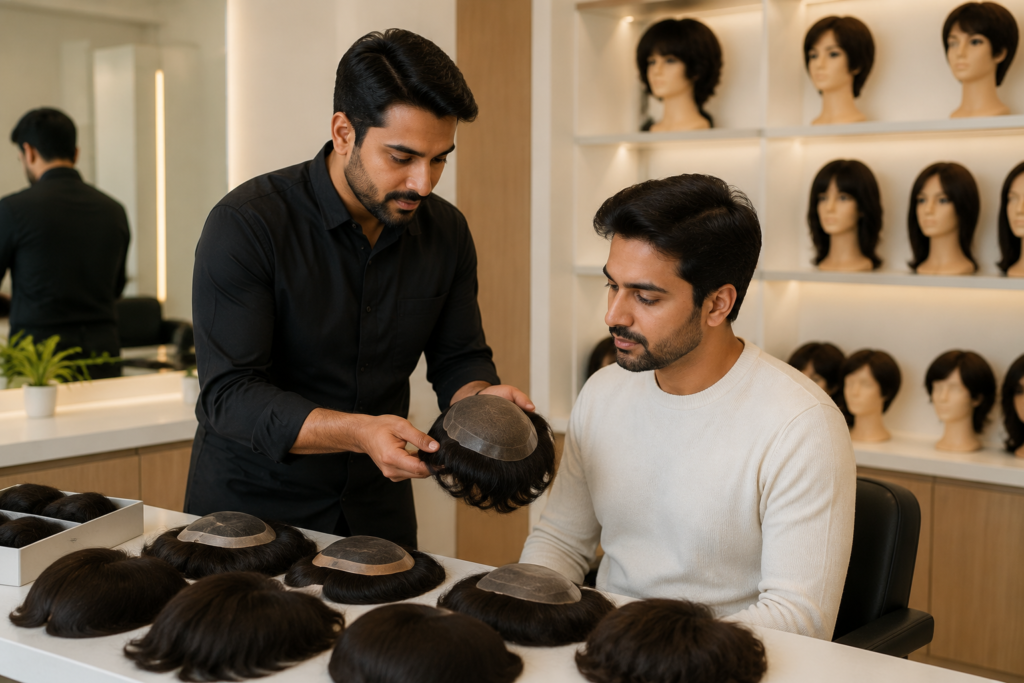 Hair replacement specialist showing a natural-looking hair patch and wig solution to a client in a professional hair replacement center.