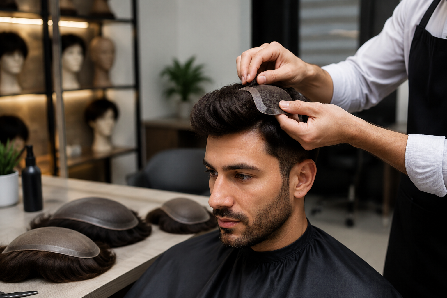 Hair replacement specialist applying natural hair wig system to a client in a modern salon