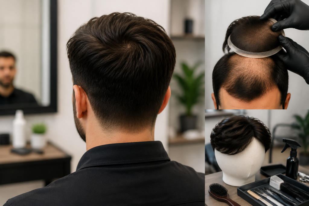 non surgical hair replacement treatment clinic before and after hair patch wig system application natural hair restoration process
