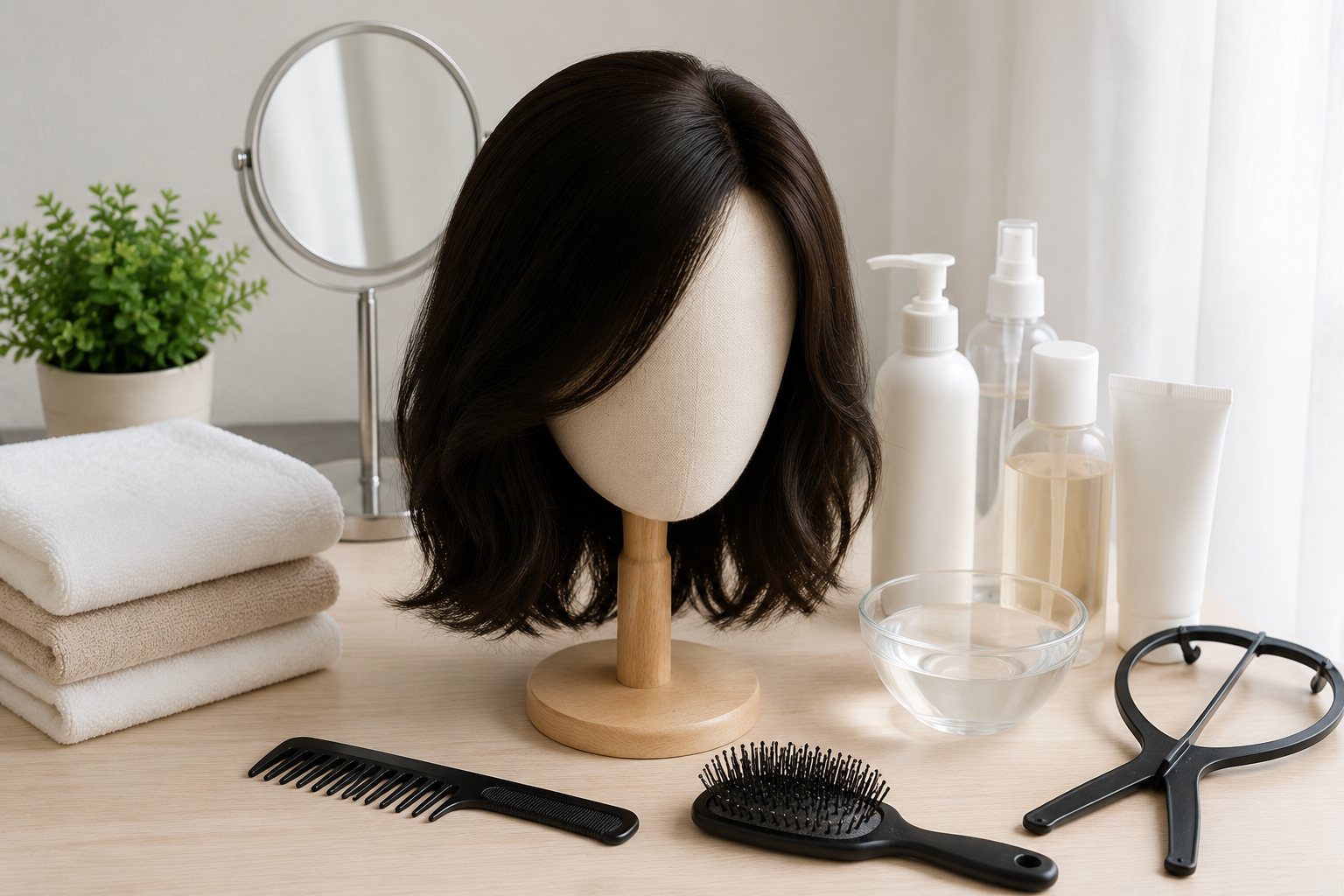 Professional hair wig displayed on a mannequin stand with wig care tools, combs, brushes, and maintenance products for proper wig care and styling.